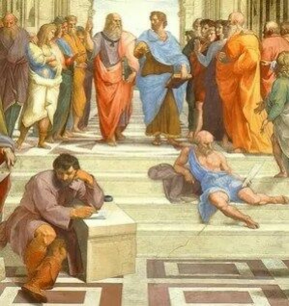 Pico ønsket tidlig å påvise at det fantes en overrensstemmelse mellom Platon og Aristoteles’ filosofi. Utsnitt fra Rafaels «Skolen i Athen», 1510. (Kilde: Wikimedia Commons CC0 1.0)
