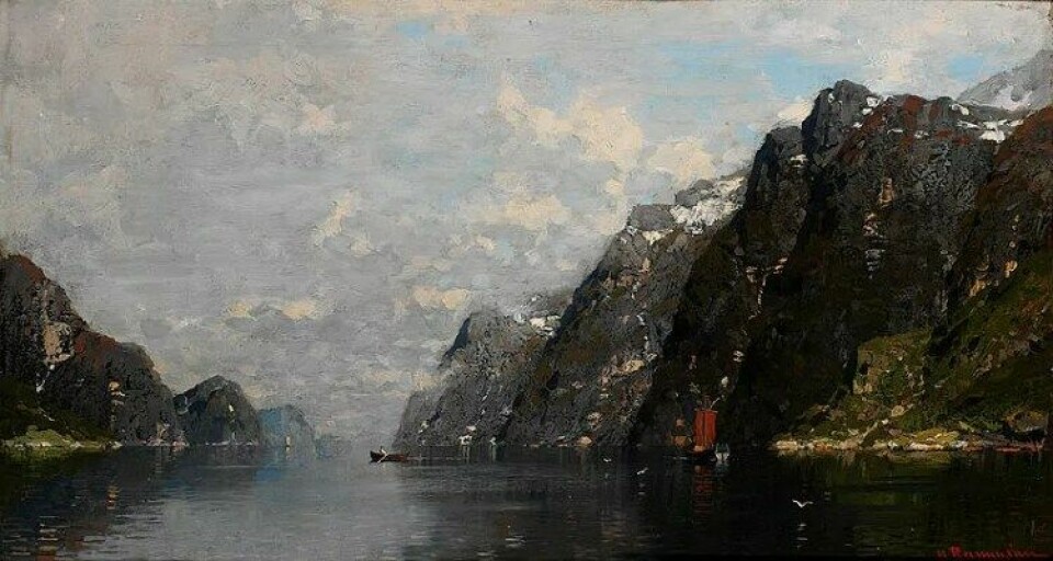 Norsk fjordlandskap av Georg Anton Ramussen. (Kilde: Wikimedia commons)