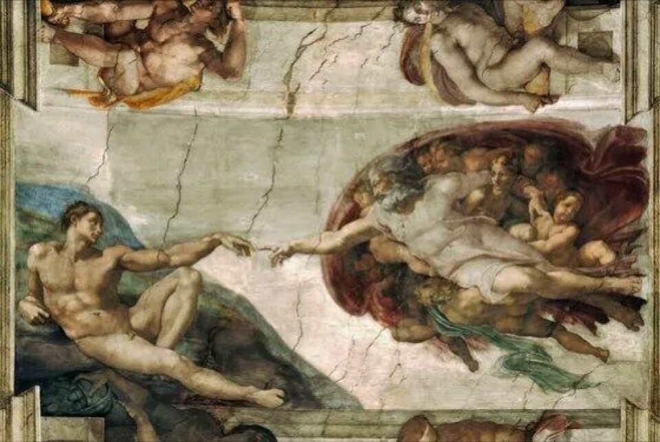 Gud skaper Adam. Michelangelo, 1512. (Kilde: Wikimedia Commons CC0 1.0.)