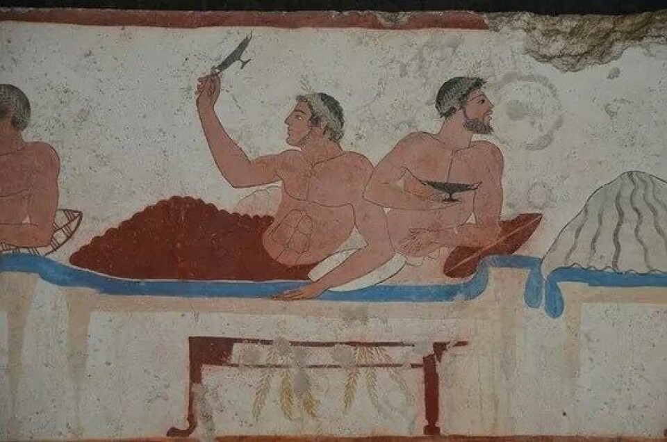 Ficino griper tilbake til det sokratiske vennskap og et homoerotisk aspekt i sin kjærlighetsfilosofi. Her en detalj fra Dykkerens grav, et arkeologisk monument fra den greske byen Paestum, som ligger nær dagens Napoli. (Kilde: Wikimedia commons) Ficino griper tilbake til det sokratiske vennskap og et homoerotisk aspekt i sin kjærlighetsfilosofi. Her en detalj fra Dykkerens grav, et arkeologisk monument fra den greske byen Paestum, som ligger nær dagens Napoli. (Kilde: Wikimedia commons)