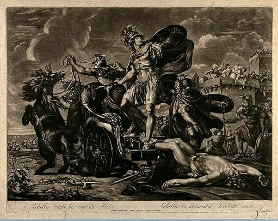 Akillevs drar Hektors lik gjennom Troya. (Kilde: Wikimedia Commons)