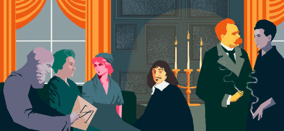 Platon, Rosa Luxemburg, Mary Wollstonecraft, René Descartes, Fredrik Nietzsche og Simone de Beauvoir i en salong. Legg merke til at Platon leser en papirutgave av Salongen. Salongens jubileumsillustrasjon (2019) illustrert av Ada Wikdahl. Platon, Rosa Luxemburg, Mary Wollstonecraft, René Descartes, Fredrik Nietzsche og Simone de Beauvoir i en salong. Legg merke til at Platon leser en papirutgave av Salongen. Salongens jubileumsillustrasjon (2019) illustrert av Ada Wikdahl.