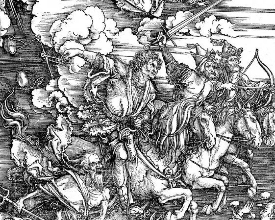 Utsnitt fra Apokalypsens fire ryttere, tresnitt av Albrecht Dürer (1497–98). (Kilde: Wikimedia Commons)
Den som slutter seg til Guds utvalgte hær i et apokalyptisk slag, står direkte under Guds kommando og er selvsagt ikke forpliktet til å underkaste seg noen herre av denne verden. På den måten virker dommedagsforestillinger både religiøst og politisk frigjørende og utfordrer legitimiteten til etablerte maktstrukturer. Utsnitt fra Apokalypsens fire ryttere, tresnitt av Albrecht Dürer (1497–98). (Kilde: Wikimedia Commons)
Den som slutter seg til Guds utvalgte hær i et apokalyptisk slag, står direkte under Guds kommando og er selvsagt ikke forpliktet til å underkaste seg noen herre av denne verden. På den måten virker dommedagsforestillinger både religiøst og politisk frigjørende og utfordrer legitimiteten til etablerte maktstrukturer.