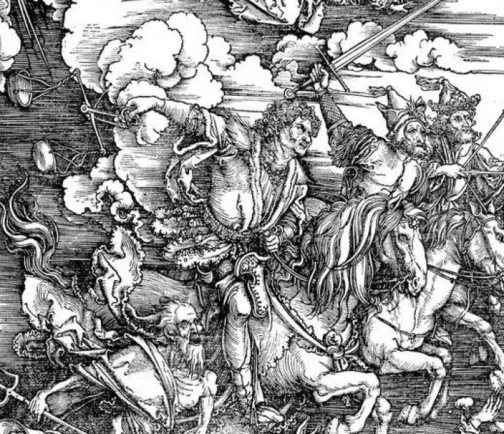 Utsnitt fra Apokalypsens fire ryttere, tresnitt av Albrecht Dürer (1497–98). (Kilde: Wikimedia Commons).