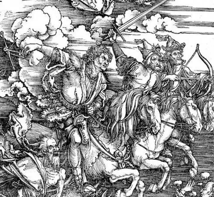 Utsnitt fra Apokalypsens fire ryttere, tresnitt av Albrecht Dürer (1497–98). (Kilde: Wikimedia Commons) Den som slutter seg til Guds utvalgte hær i et apokalyptisk slag, står direkte under Guds kommando og er selvsagt ikke forpliktet til å underkaste seg noen herre av denne verden. På den måten virker dommedagsforestillinger både religiøst og politisk frigjørende og utfordrer legitimiteten til etablerte maktstrukturer.