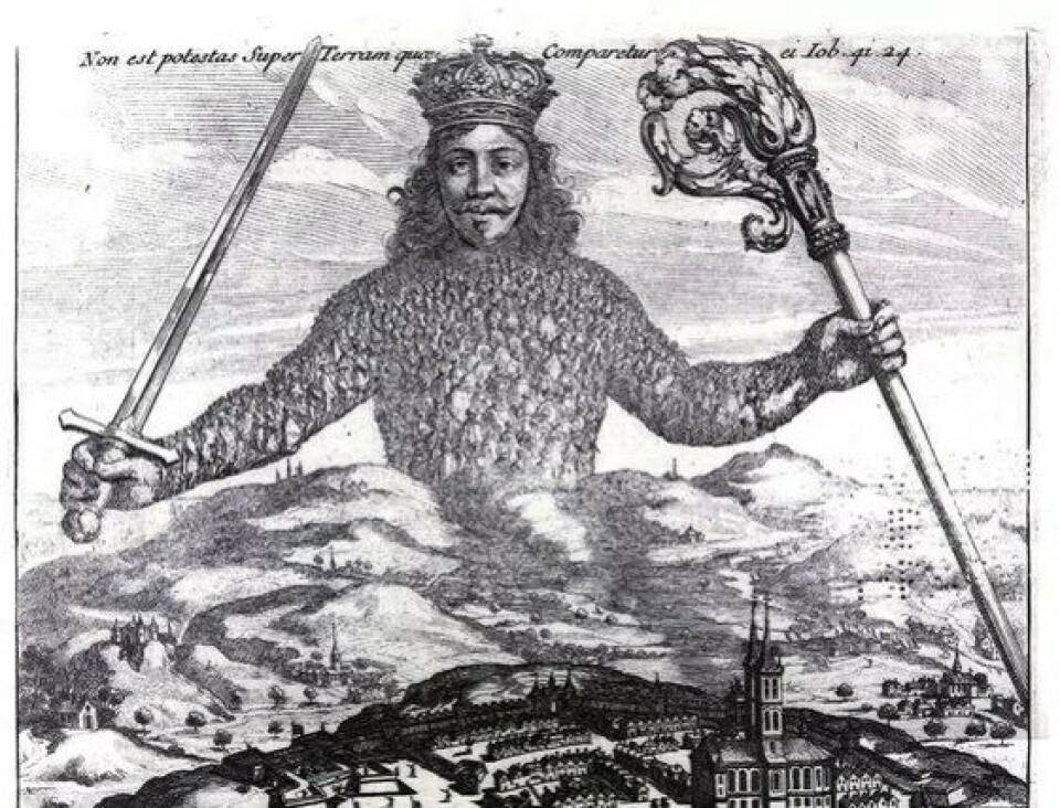 Utsnitt fra tittelbladet på Hobbes’ Leviathan (1651). (Kilde: Wikimedia Commons)
For å forstå Hobbes’ syn på kirke og religion, er det nødvendig å se nærmere på hans generelle syn på politiske forpliktelser. Det kan ifølge Hobbes bare finnes én Suveren. All maktdeling fører til anarki og borgerkrig. Et skille mellom potestas gladii og potestas ordinis, vil være en form for splittelse av makt som er i strid med naturlovene, som for Hobbes er identiske med Guds lover. Utsnitt fra tittelbladet på Hobbes’ Leviathan (1651). (Kilde: Wikimedia Commons)
For å forstå Hobbes’ syn på kirke og religion, er det nødvendig å se nærmere på hans generelle syn på politiske forpliktelser. Det kan ifølge Hobbes bare finnes én Suveren. All maktdeling fører til anarki og borgerkrig. Et skille mellom potestas gladii og potestas ordinis, vil være en form for splittelse av makt som er i strid med naturlovene, som for Hobbes er identiske med Guds lover.