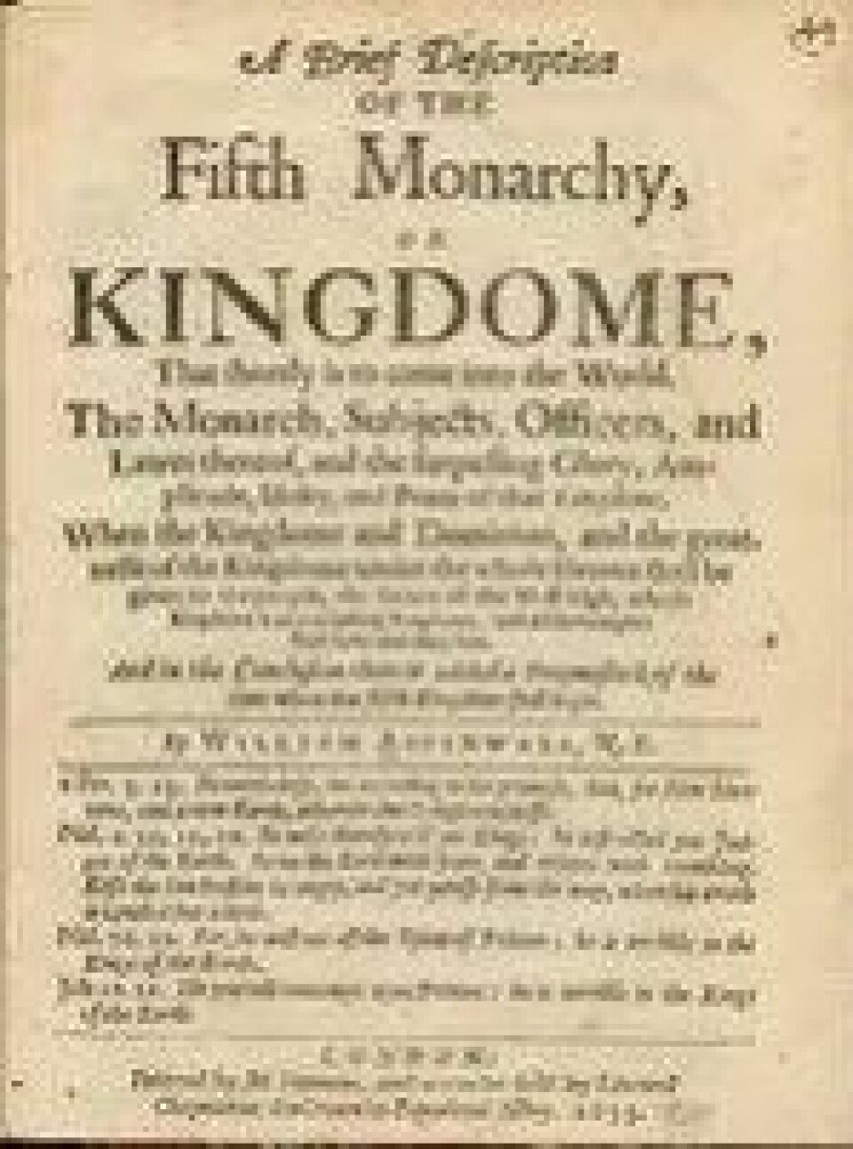 Tittelbladet på A Brief description of the Fifth Monarchy or Kingdome (1653) av William Aspinwall. (Kilde: Wikimedia Commons)
