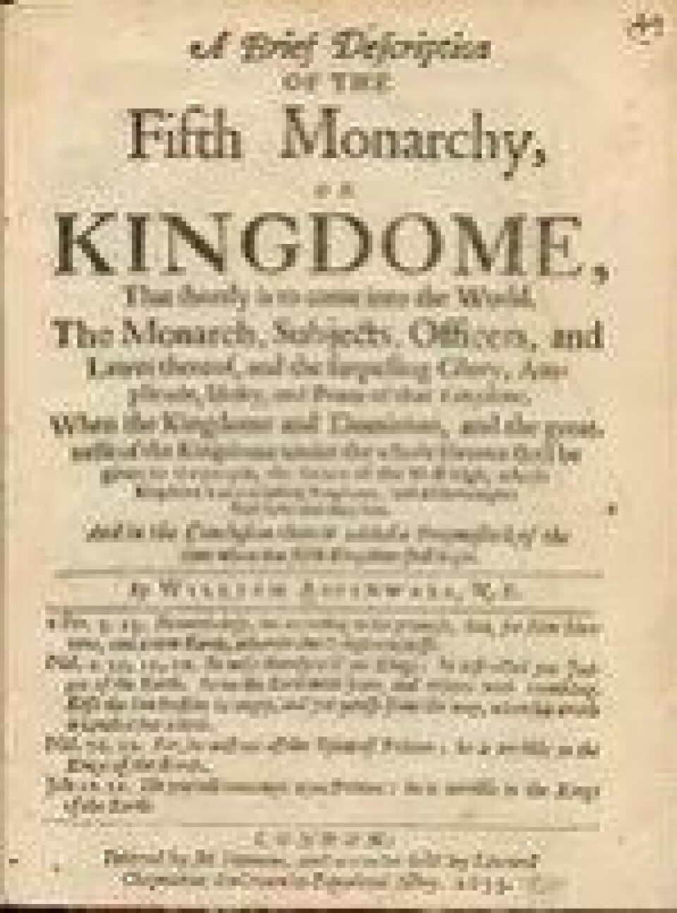 Tittelbladet på A Brief description of the Fifth Monarchy or Kingdome (1653) av William Aspinwall. (Kilde: Wikimedia Commons) Tittelbladet på A Brief description of the Fifth Monarchy or Kingdome (1653) av William Aspinwall. (Kilde: Wikimedia Commons)