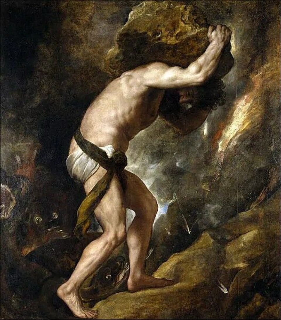 Sisyphus av Tiziano Vecelli. (Kilde: Wikimedia commons) Sisyphus av Tiziano Vecelli. (Kilde: Wikimedia commons)