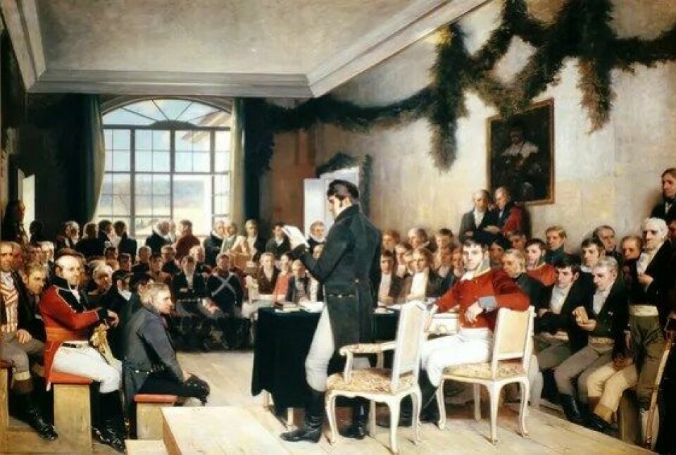 Mennene på Eidsvoll besluttet med Grunnloven i 1814 at jøder, munker, nonner og jesuitter ikke skulle få komme inn i Norge. Her er forsamlingen gjengitt av Oscar Wergeland, i 1885. (Kilde: Wikimedia Commons)