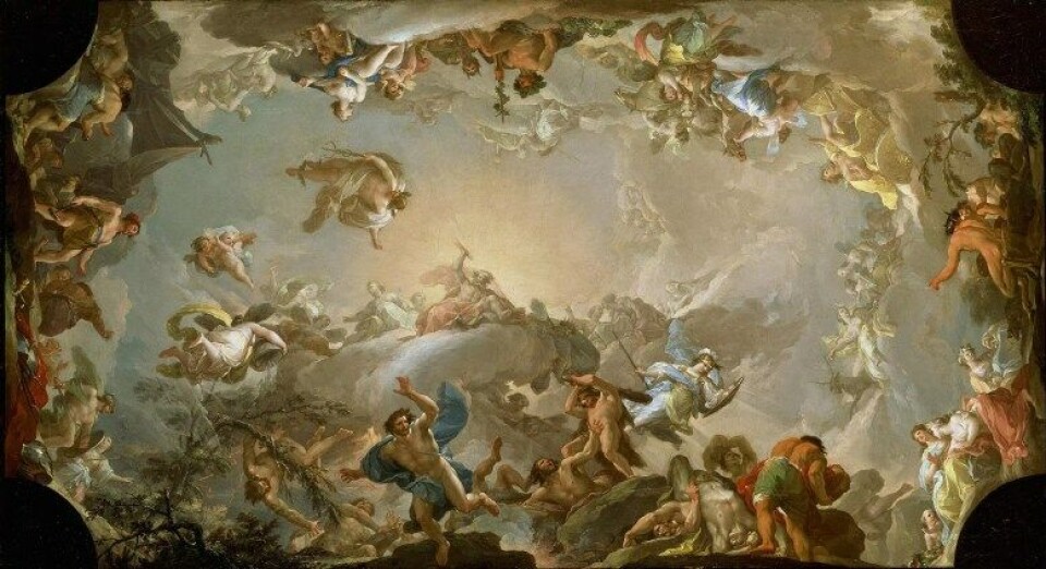 De olympiske gudene i kamp. Her illustrert med El Olimpo (1764) av Francisco Bayeu. (Kilde: Wikimedia Commons) De olympiske gudene i kamp. Her illustrert med El Olimpo (1764) av Francisco Bayeu. (Kilde: Wikimedia Commons)