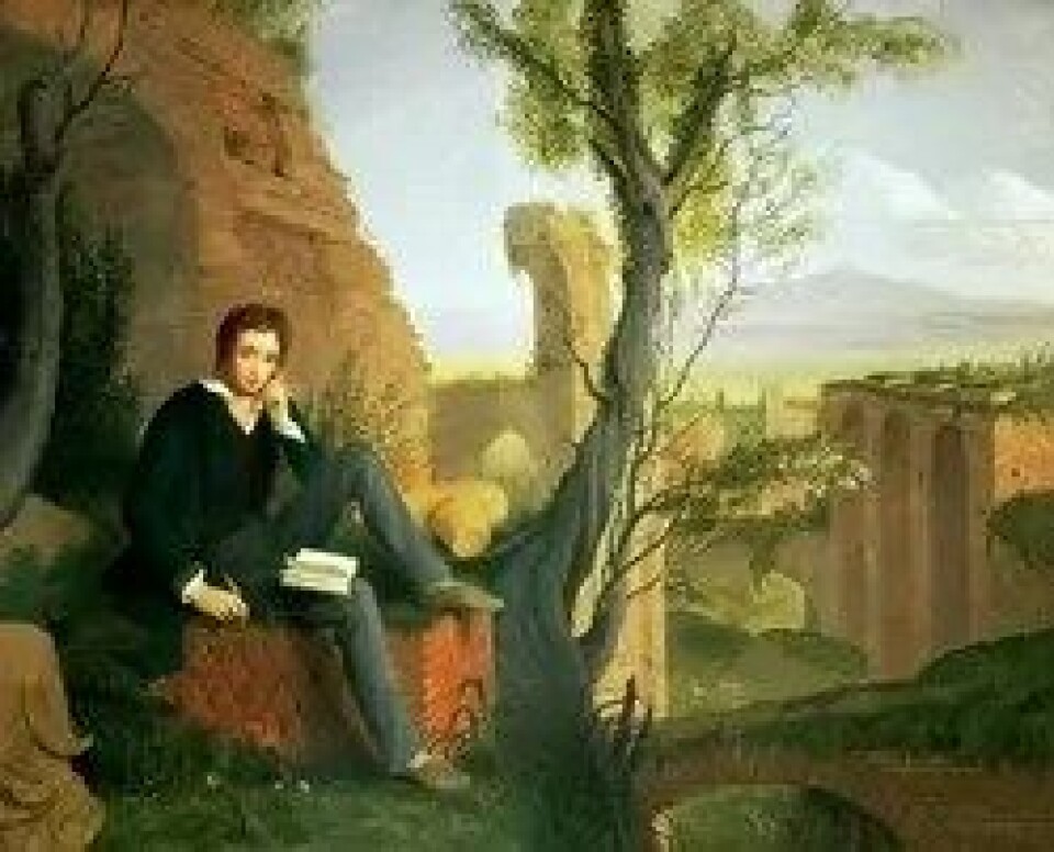 Det greske via Roma: I Joseph Severns posthume portrett sitter Shelley og skriver om gresk tragedie i Prometheus Unbound, men ruinene er typisk romerske. (Kilde. Wikimedia Commons CC0 1.0) Det greske via Roma: I Joseph Severns posthume portrett sitter Shelley og skriver om gresk tragedie i Prometheus Unbound, men ruinene er typisk romerske. (Kilde. Wikimedia Commons CC0 1.0)