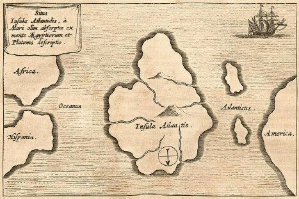 Fiktiv karta över Atlantis från 1664. (Källa: Wikimedia Commons).