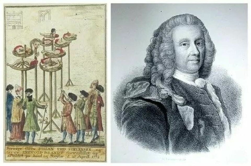 Til venstre: Restene etter forhenværende makthaver i Danmark-Norge, Johann Friedrich Struensee, som innførte full trykkefrihet i 1770. Han ble henrettet i 1772. Ludvig Holberg (1684-1754) til høyre. (Kilde: Wikimedia commons)