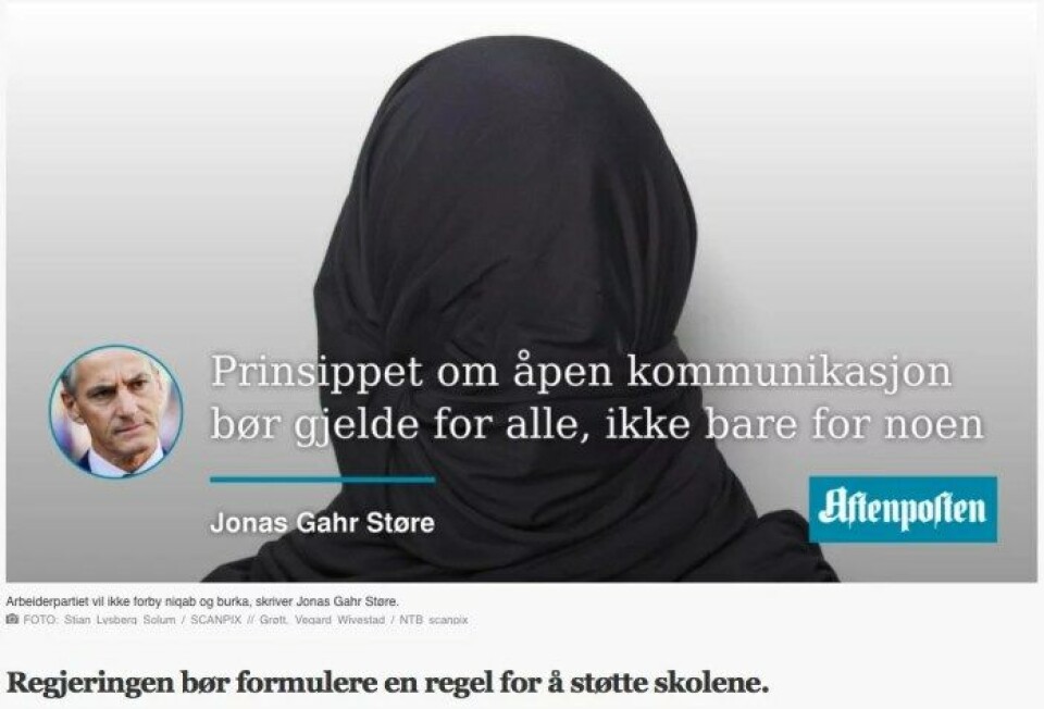Bildet Aftenposten valgte å publisere sammen med Jonas Gahr Støres innlegg, fremstiller en kvinnelig muslim som en en skygge, en bakside, eller et sjal – og ikke som et menneske, hevder forfatteren. Illustrasjon: Faksimile fra Aftenpostens nettsider. Bildet Aftenposten valgte å publisere sammen med Jonas Gahr Støres innlegg, fremstiller en kvinnelig muslim som en en skygge, en bakside, eller et sjal – og ikke som et menneske, hevder forfatteren. Illustrasjon: Faksimile fra Aftenpostens nettsider.