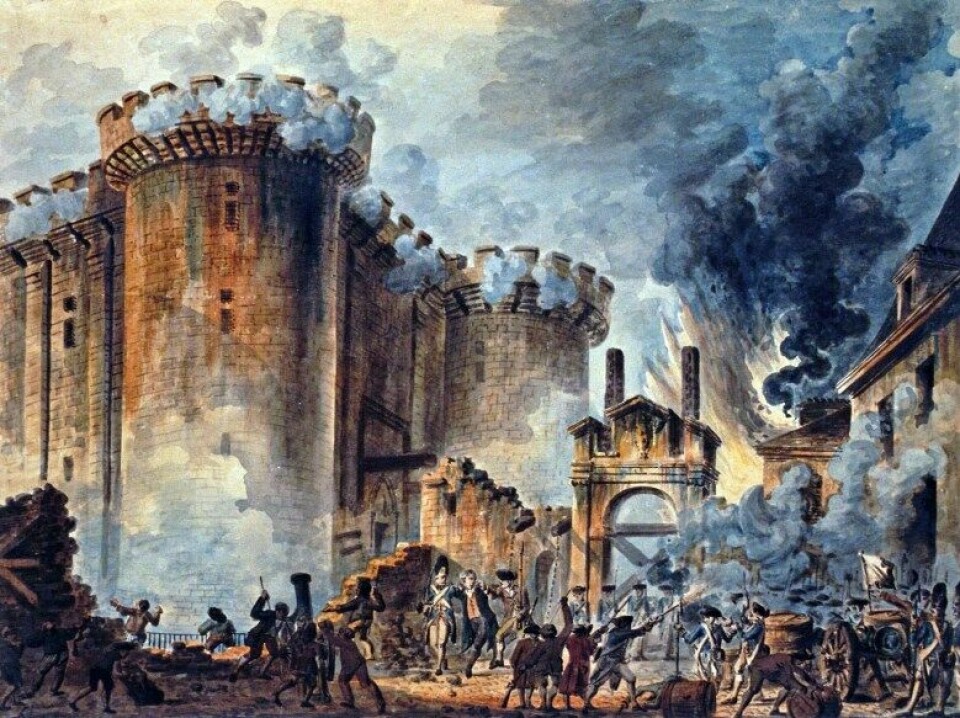 Storminga av Bastillen (Prise de la Bastille), måla av Jean-Pierre Houël (1735-1813). (Kjelde: Wikimedia Commons CC0 1.0)