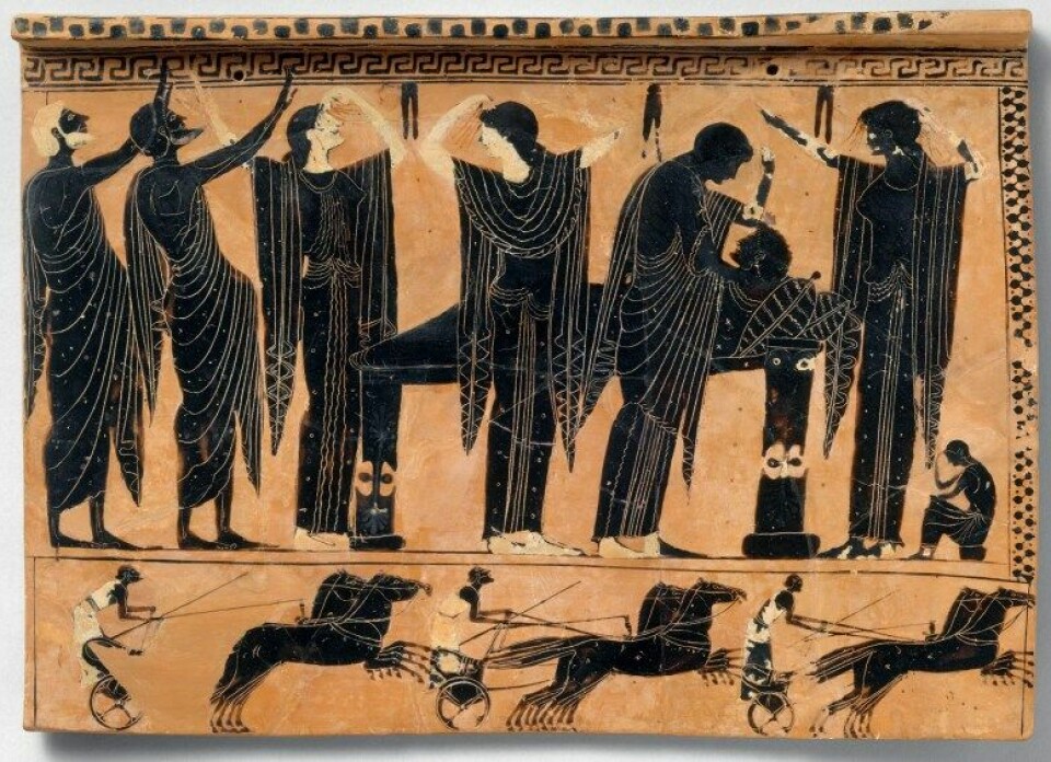 Terracottaplakett som avbilder prothesis (å plassere en avdød på paradeseng) (Kilde: Metropolitan Museum of Art)