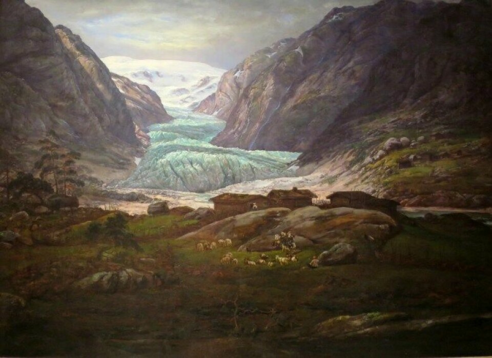 «Nigardsbreen i Jostedalen», av J. C. Dahl (1844). I dagen slutter breen mye lenger opp i dalen. (Kilde: Wikimedia commons CC BY 1.0)
