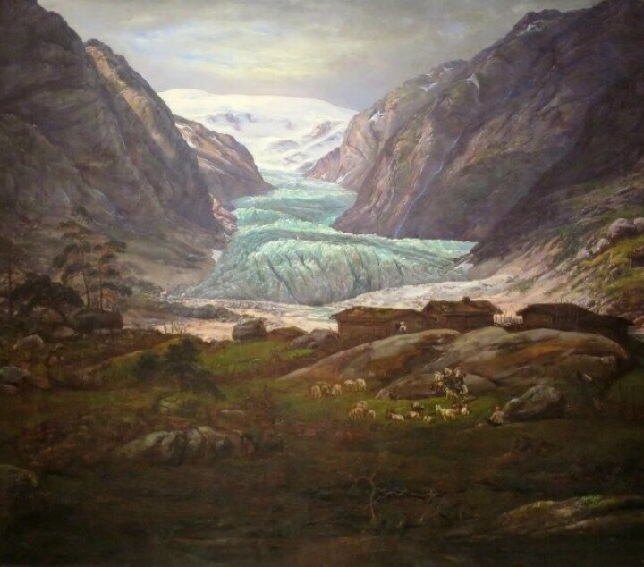 «Nigardsbreen i Jostedalen», av J. C. Dahl (1844). I dagen slutter breen mye lenger opp i dalen. (Kilde: Wikimedia commons CC BY 1.0)