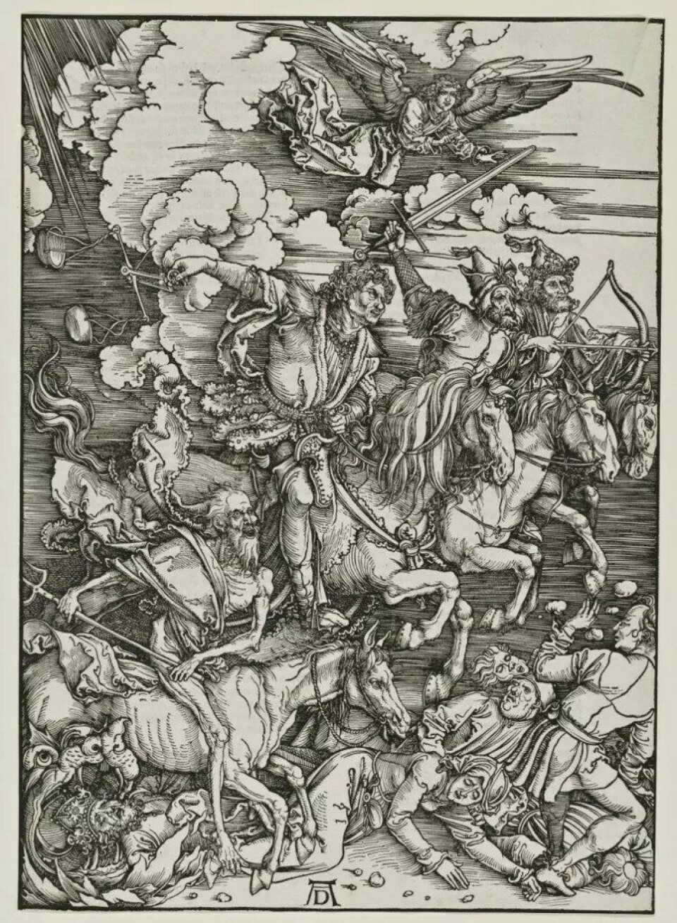 Tradisjonelt var apokalyptiske fortellinger tilknyttet religiøse forestillinger om dommedag. I moderne forestillinger om klimaendringer kan man fortsatt finne spor av slik narrativ struktur. (Utsnitt av Albrect Dürers «Apokalypsen», ca 1496-96. Kilde: Wikimedia commons, CC NA 1.0).