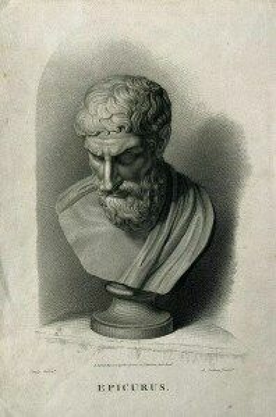 Epikur avbildet av A. Cardon (1813). (Kilde: Wikimedia commons)