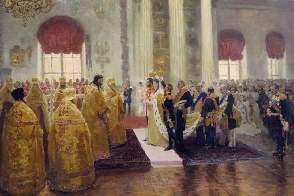 Wedding of Nicholas II and Grand Duchess Alexandra Feodorovn av Ilya Repin (1894) (Kilde: Wikimedia commons) Wedding of Nicholas II and Grand Duchess Alexandra Feodorovn av Ilya Repin (1894) (Kilde: Wikimedia commons)