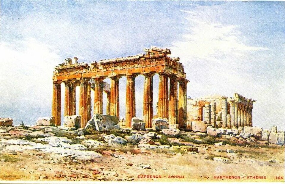 Parthenon i Athen, som vist på et postkort fra 1906. (Kilde: Wikimedia commons) Parthenon i Athen, som vist på et postkort fra 1906. (Kilde: Wikimedia commons)