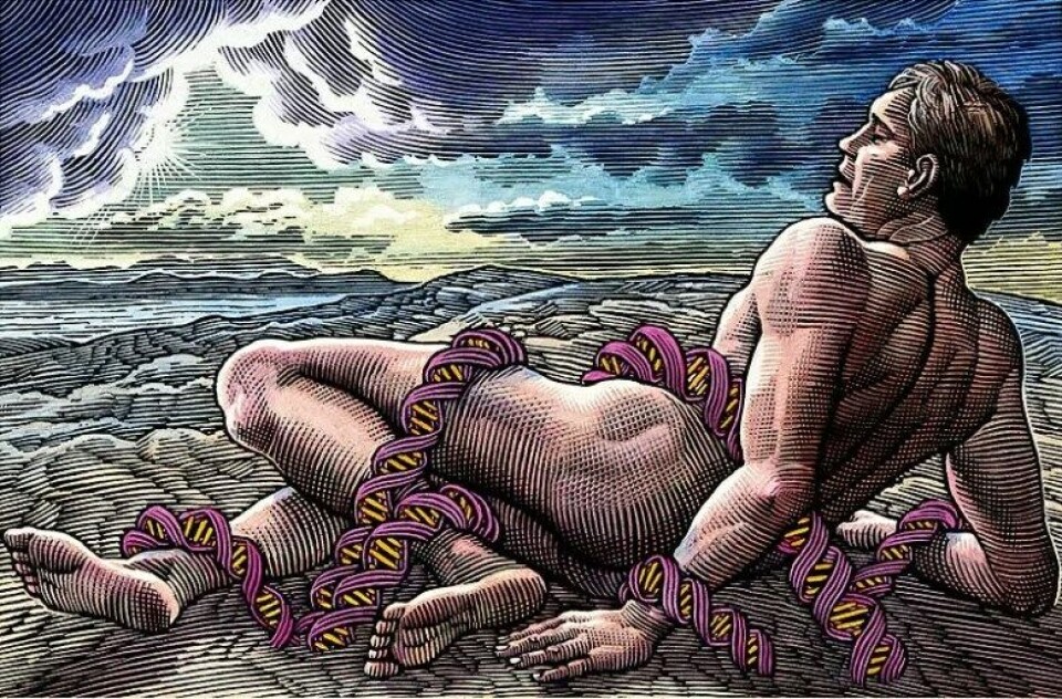 Promethevsfiguren leses her som en representant for hvordan radikal endring hos Badiou forstås som en subjektiv prosess som fortsetter fra en gitt situasjons iboende motsetning eller umulige punkt. Scratchboard tegning av Bill Sanderson (1990) (Kilde: Wikimedia commons) Promethevsfiguren leses her som en representant for hvordan radikal endring hos Badiou forstås som en subjektiv prosess som fortsetter fra en gitt situasjons iboende motsetning eller umulige punkt. Scratchboard tegning av Bill Sanderson (1990) (Kilde: Wikimedia commons)