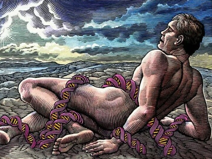 Promethevsfiguren leses her som en representant for hvordan radikal endring hos Badiou forstås som en subjektiv prosess som fortsetter fra en gitt situasjons iboende motsetning eller umulige punkt. Scratchboard tegning av Bill Sanderson (1990) (Kilde: Wikimedia commons)