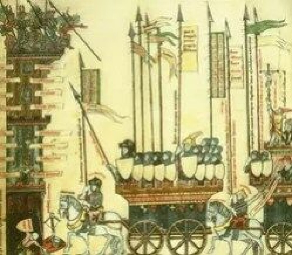 Thomas Le Myesiers illustrasjon fra 1300-tallet, Angrepet på falskhetens tårn, fremstiller Sannheten som en jomfru i nød. Hun er strengt bevoktet av truende figurerer som «løgn», «formløshet», «ondskap» og «overflødighet», og Aristoteles – her som ridderskikkelse – er kommet for å redde henne med en hær av logiske instrumenter. (Kilde: Wikimedia Commons)