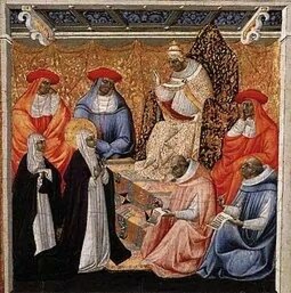 St. Catherine before the Pope at Avignon av Giovanni di Paolo (Kilde: WikimediaCommons)