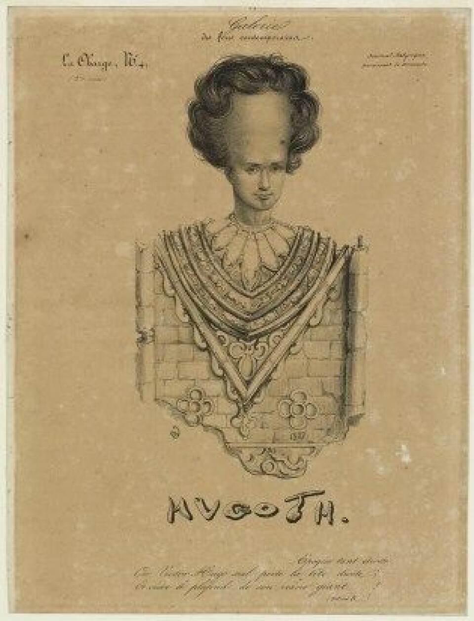 Karikatur fra 1833 som fremstiller Victor Hugo som en slags gargouille på Notre Dame-katedralen. Han er avbildet med en gigantisk panne, som skulle illustrere at hans «romantiske hjerne» var for stor for hans kropp. I flere artikler beskrives Hugo som gal og syk, noe hans uforholdsmessig store hode skulle illustrere. (Kilde: Paris Musées) Karikatur fra 1833 som fremstiller Victor Hugo som en slags gargouille på Notre Dame-katedralen. Han er avbildet med en gigantisk panne, som skulle illustrere at hans «romantiske hjerne» var for stor for hans kropp. I flere artikler beskrives Hugo som gal og syk, noe hans uforholdsmessig store hode skulle illustrere. (Kilde: Paris Musées)