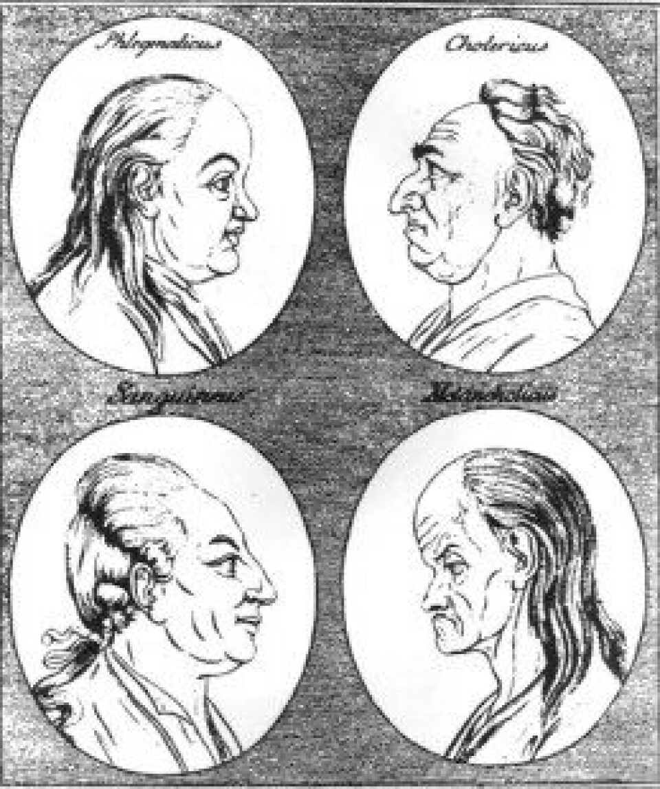 Illustrasjon fra 1770-tallet av en flegmatiker, koleriker, sangviniker og melankoliker ifølge humorallæren. (Kilde: Wikimedia commons.) Illustrasjon fra 1770-tallet av en flegmatiker, koleriker, sangviniker og melankoliker ifølge humorallæren. (Kilde: Wikimedia commons.)