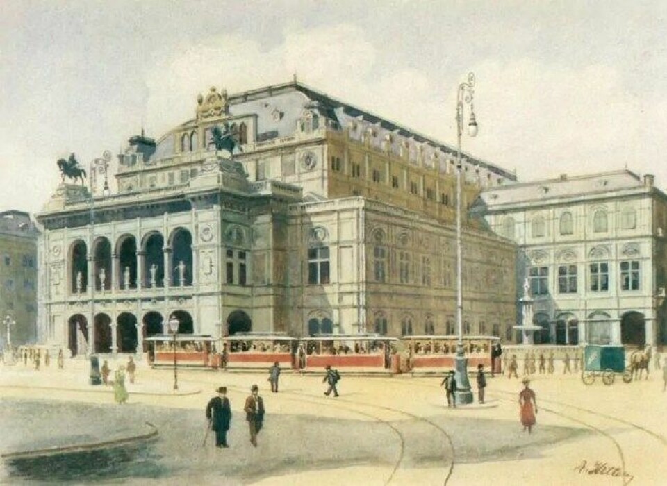 Adolf Hitler var selv en mislykket kunstner. Her med maleriet «Wien Oper», 1912. (Kilde: Wikimedia commons.)