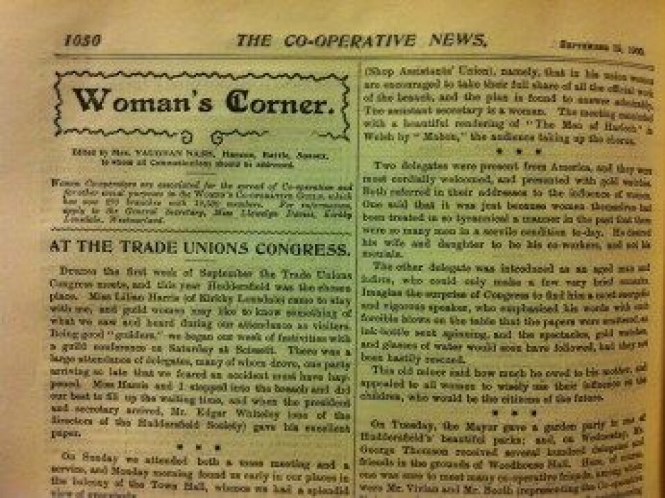 Fra «kvinnehjørnet» i The Co-operative News, 1906. (Foto: Sebastian Svenberg) Fra «kvinnehjørnet» i The Co-operative News, 1906. (Foto: Sebastian Svenberg)