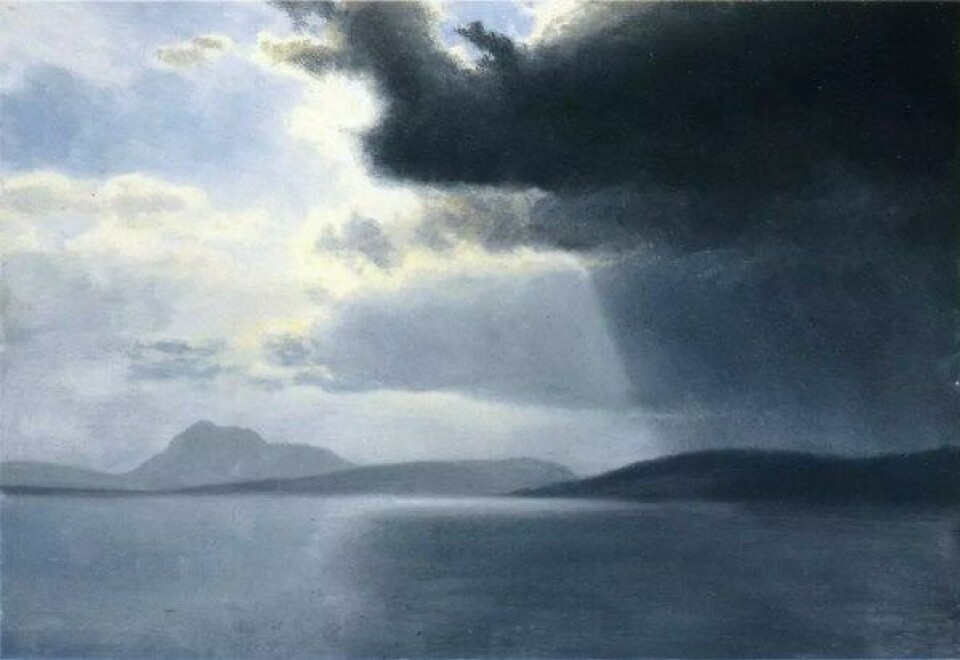 Wasrud drøfter hvorvidt naturkreftene er betinget av historiske prosesser. Her er naturkreftene representer ved tordenskyer i kunstverket Approaching Thunderstorm on the Hudson River av Albert Bierstadt. (Kilde: Wikimedia Commons) Wasrud drøfter hvorvidt naturkreftene er betinget av historiske prosesser. Her er naturkreftene representer ved tordenskyer i kunstverket Approaching Thunderstorm on the Hudson River av Albert Bierstadt. (Kilde: Wikimedia Commons)
