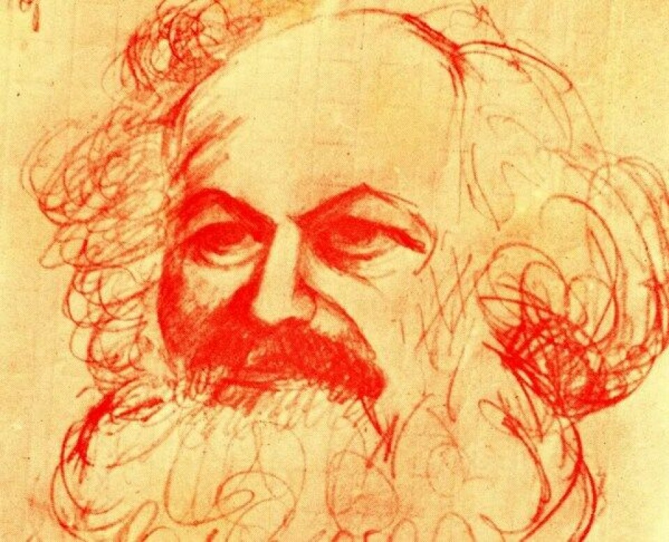 Utsnitt av portrett av Karl Marx (1818–1883), tegnet av Tomás Vivanco (via Flickr).