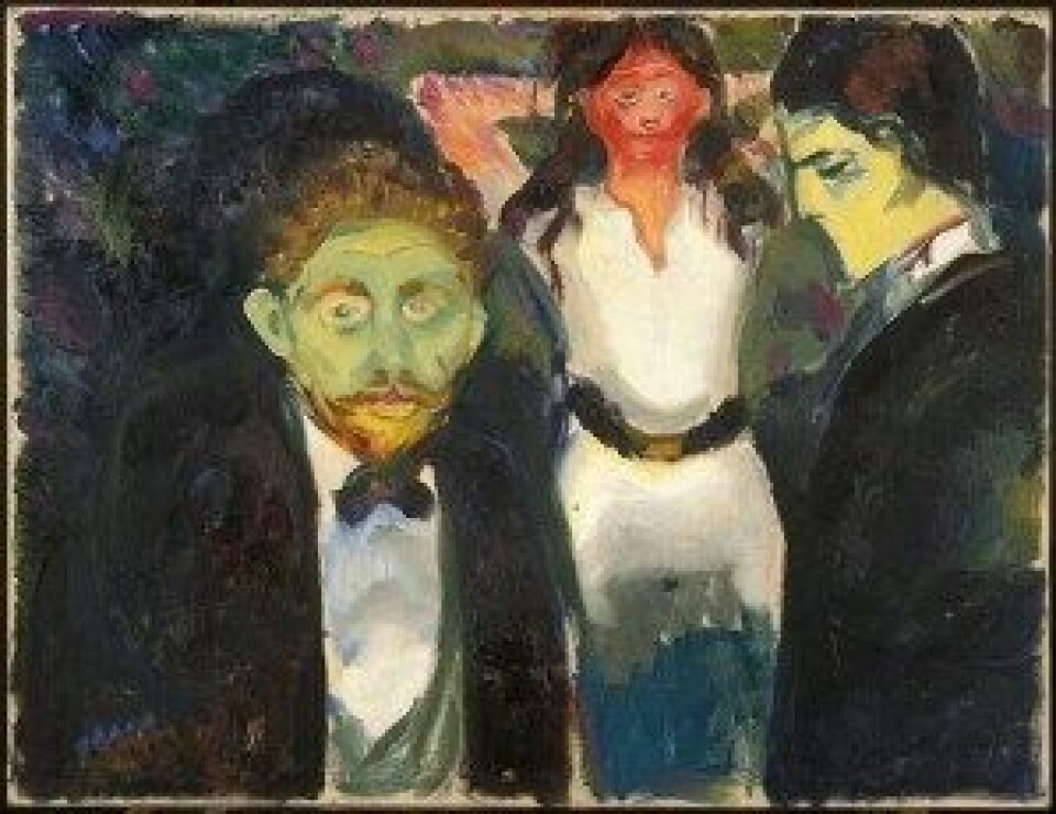Sjalusi (1895) av Edvard Munch. (Kilde: Wikimedia Commons) Sjalusi (1895) av Edvard Munch. (Kilde: Wikimedia Commons)