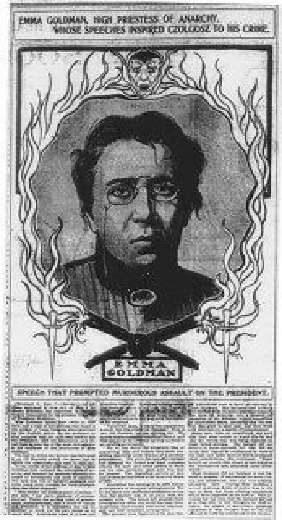Illustrasjon av Emma Goldman publisert i Chicago Daily Tribune, 1901. (Kilde: Wikimedia Commons)