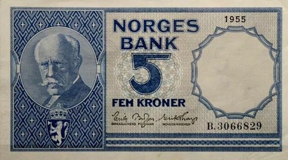 – Det blir urimelig å skape et inntrykk av at Forskningsrådet ikke er opptatt av å fremme grunnforskning, skriver Christen Krogh. Illustrasjon: 5-kroneseddel fra 1955. (Kilde: Wikimedia Commons/Bjoertvedt) – Det blir urimelig å skape et inntrykk av at Forskningsrådet ikke er opptatt av å fremme grunnforskning, skriver Christen Krogh. Illustrasjon: 5-kroneseddel fra 1955. (Kilde: Wikimedia Commons/Bjoertvedt)