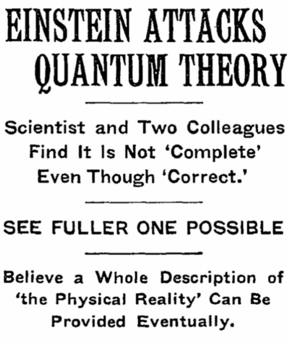Dramatisk! Nyhetsoverskrift fra New York Times, 1935, etter publiseringen av EPR-argumentet.
