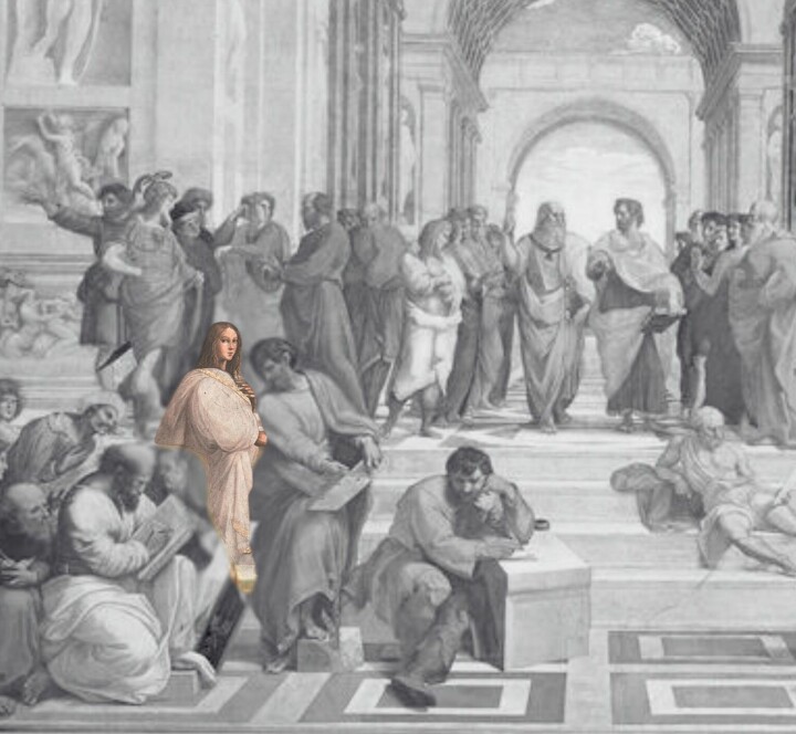 Hypatia av Alexandria er avbildet ved foten av trappa i Rafaels Skolen i Athen. Ingeborg W. Owesen forsøker å løfte henne og andre kvinnelige filosofer opp i lyset.