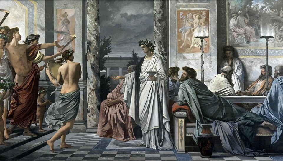 Den drukne Alkibiades ankommer Agathons hus. Anselm Feuerbach, 1869