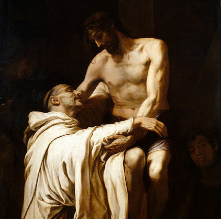 Omfavnelsen mellom Kristus og Bernard. Bildet får frem det sensuelle i gudsforholdet slik Bernard fremstiller det i prekenene over Høysangen. Maleri, Francisco Ribalta (1628). (Kilde: Wikimedia commons)